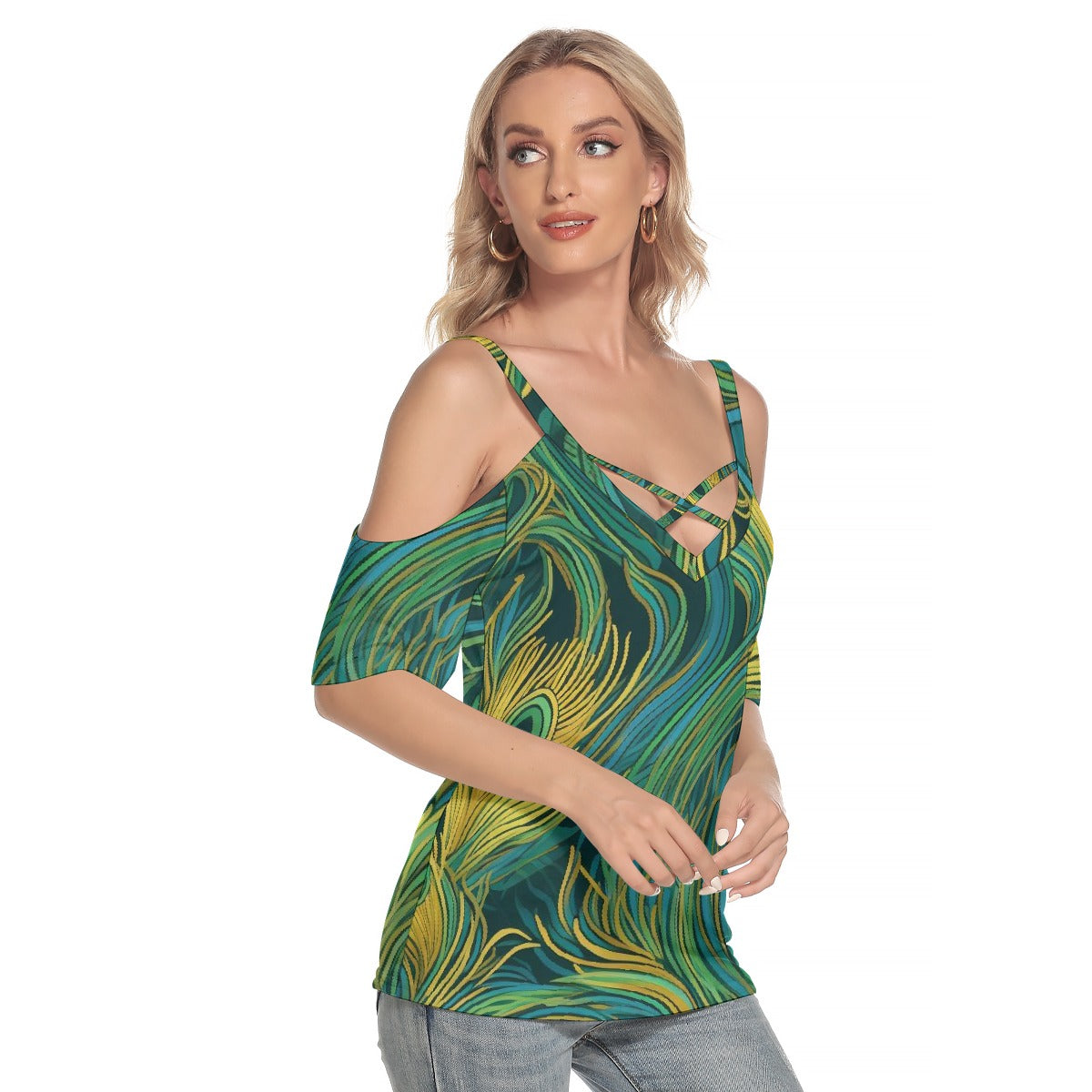 All-Over Print Women's Cold Shoulder T-shirt With Criss Cross Strips