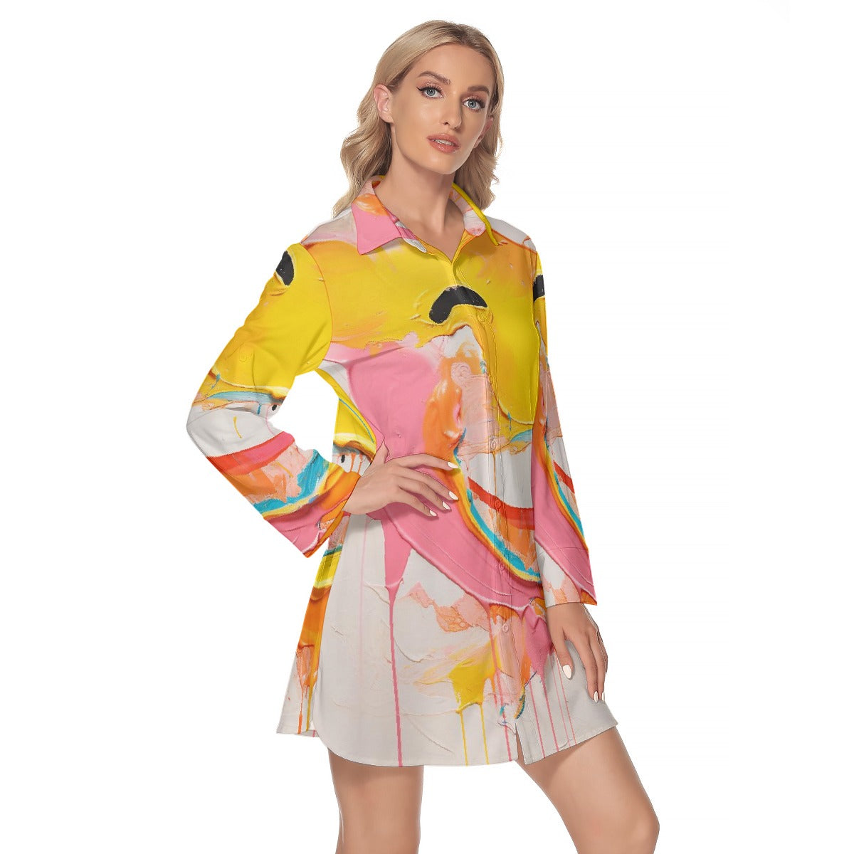 All-Over Print Women's Lapel Shirt Dress With Long Sleeve