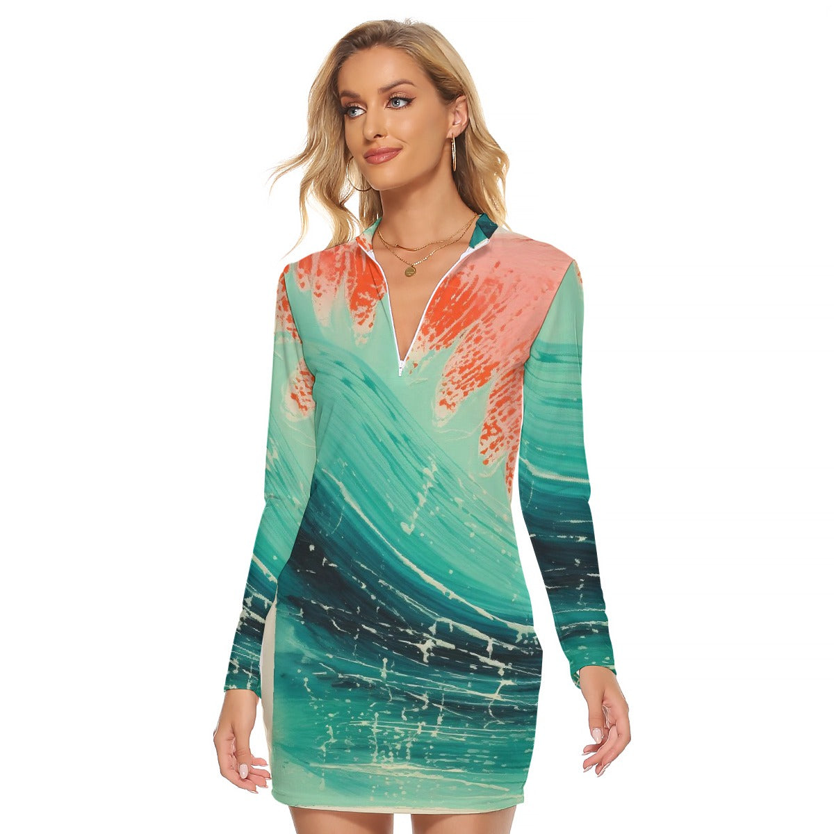 All-Over Print Women's Zip Front Tight Dress