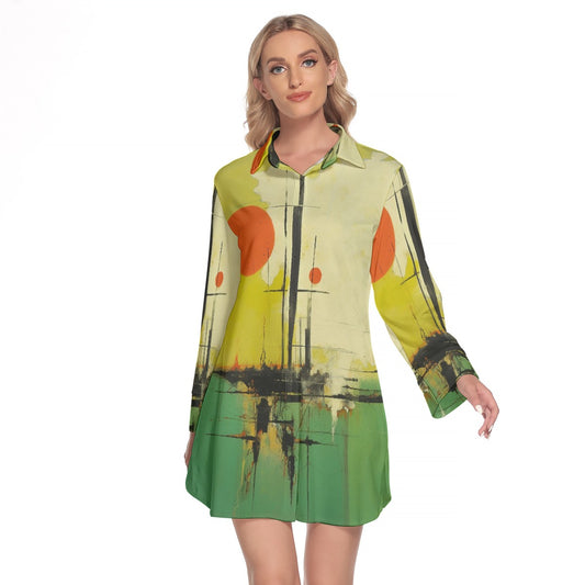 All-Over Print Women's Lapel Shirt Dress With Long Sleeve