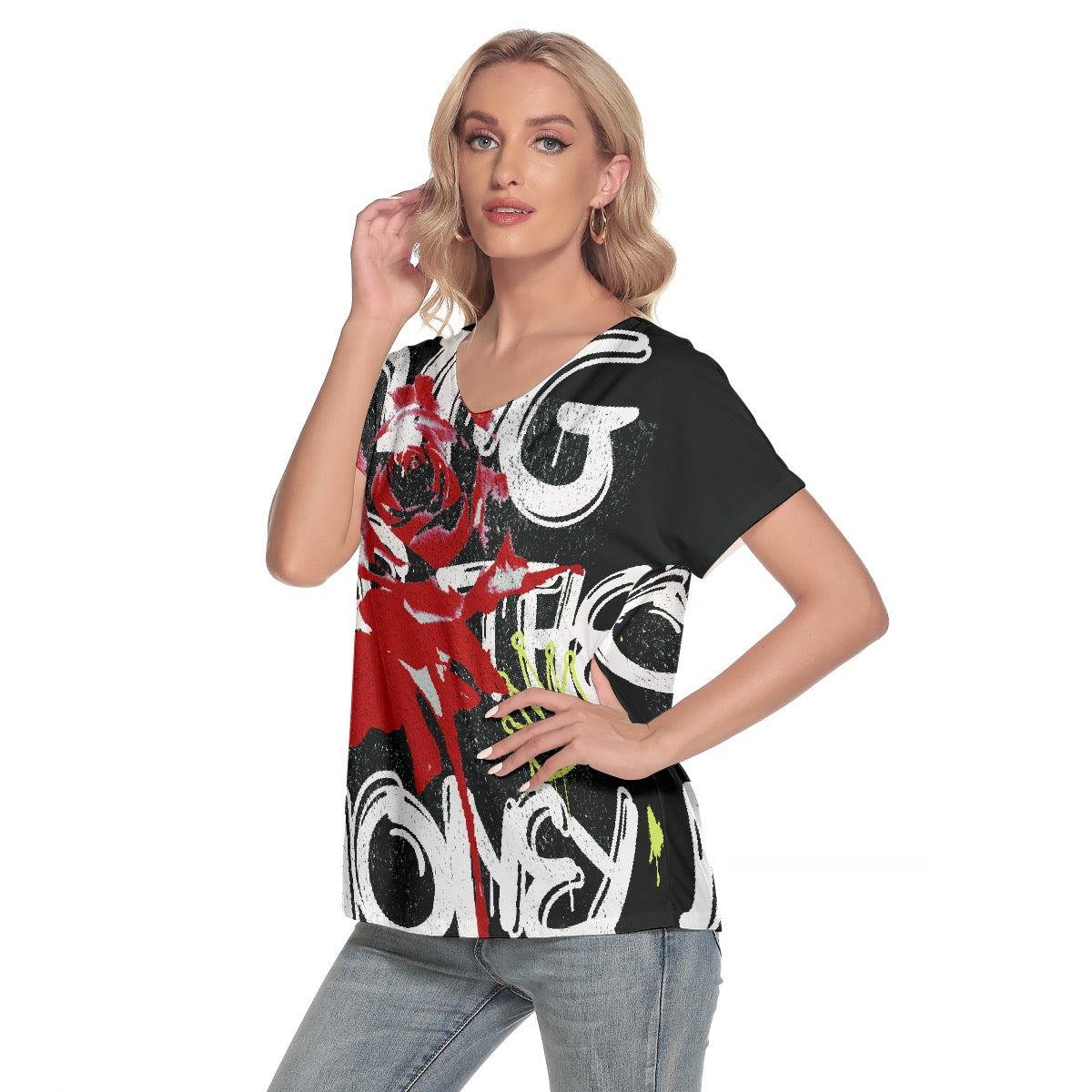 All-Over Print Women's Loose V-neck Short Sleeve T-shirt