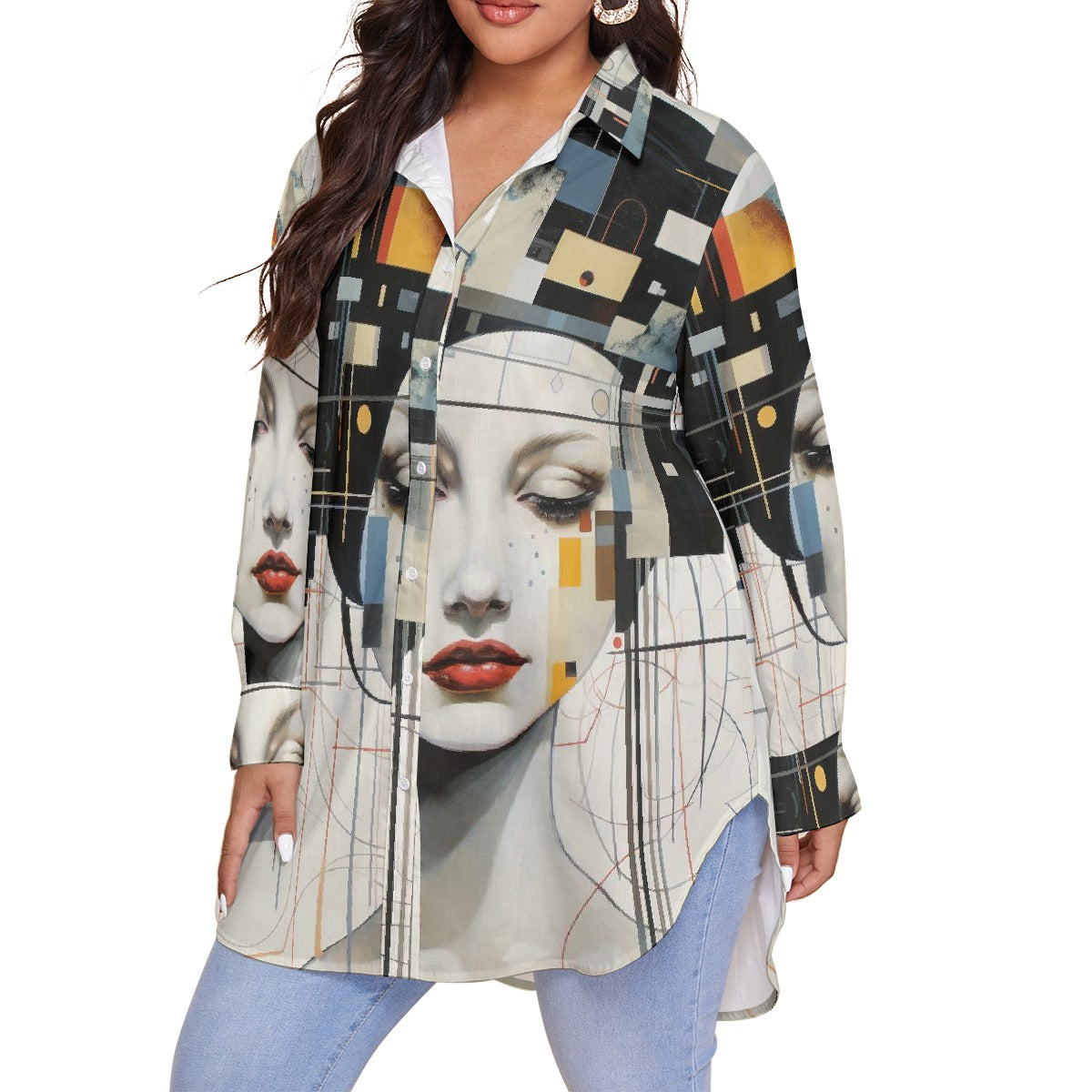 All-Over Print Women's Shirt With Long Sleeve(Plus Size)