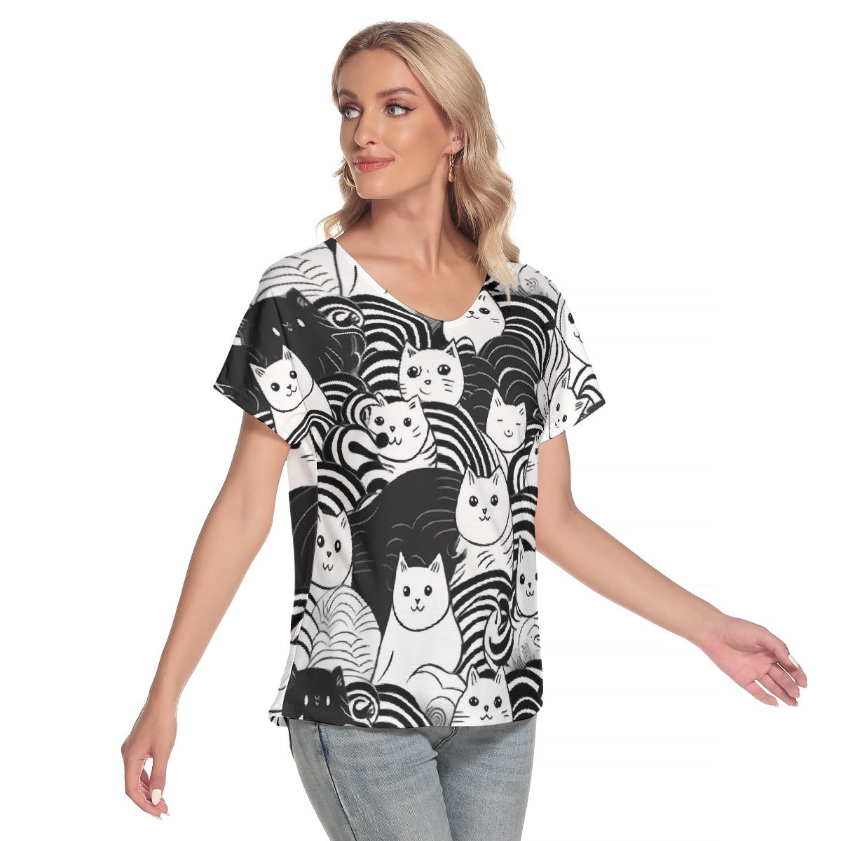 All-Over Print Women's Loose V-neck Short Sleeve T-shirt