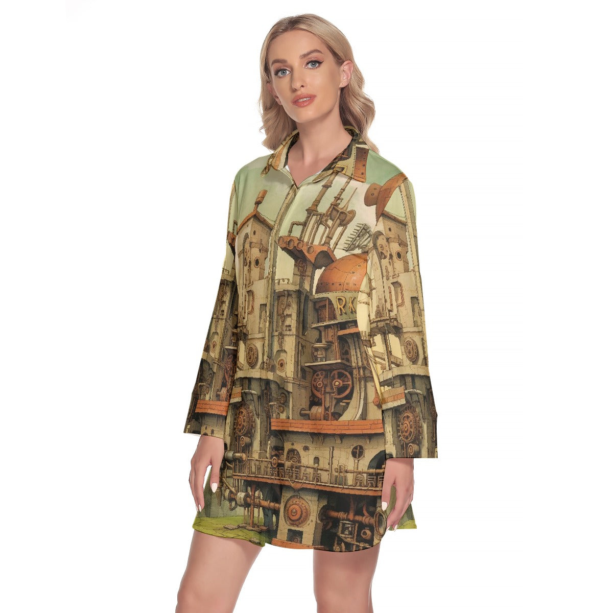 All-Over Print Women's Lapel Shirt Dress With Long Sleeve