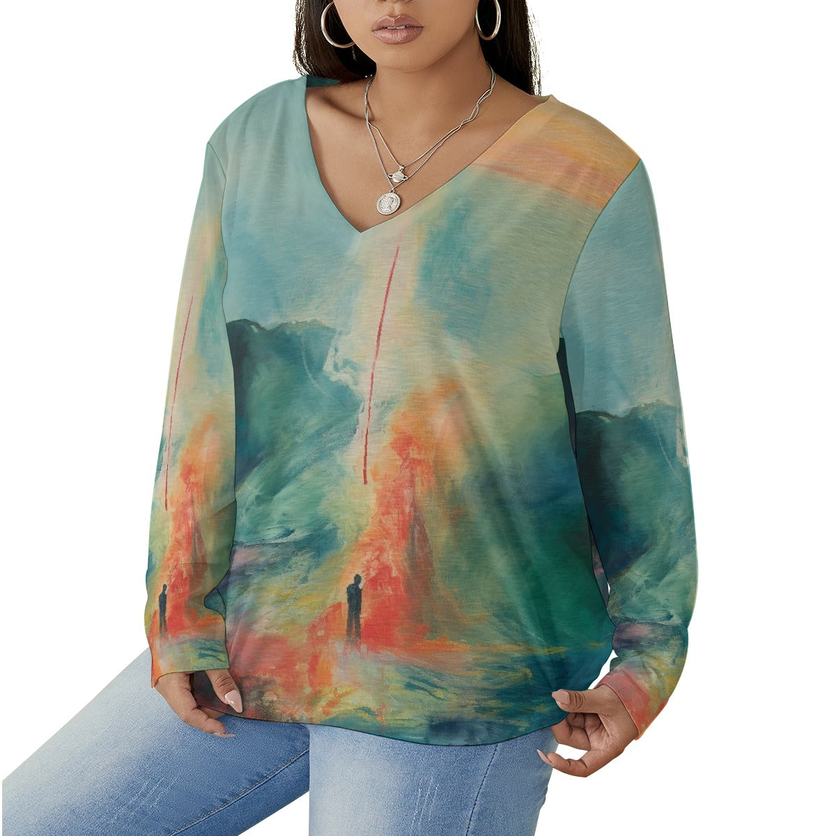 All-Over Print Women's V-neck T-shirt With Curved Hem(Plus Size)