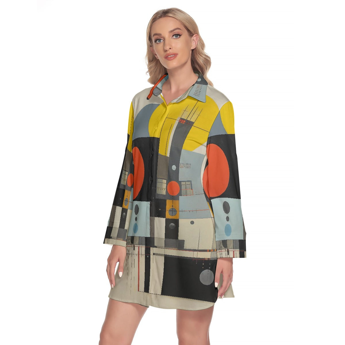 All-Over Print Women's Lapel Shirt Dress With Long Sleeve