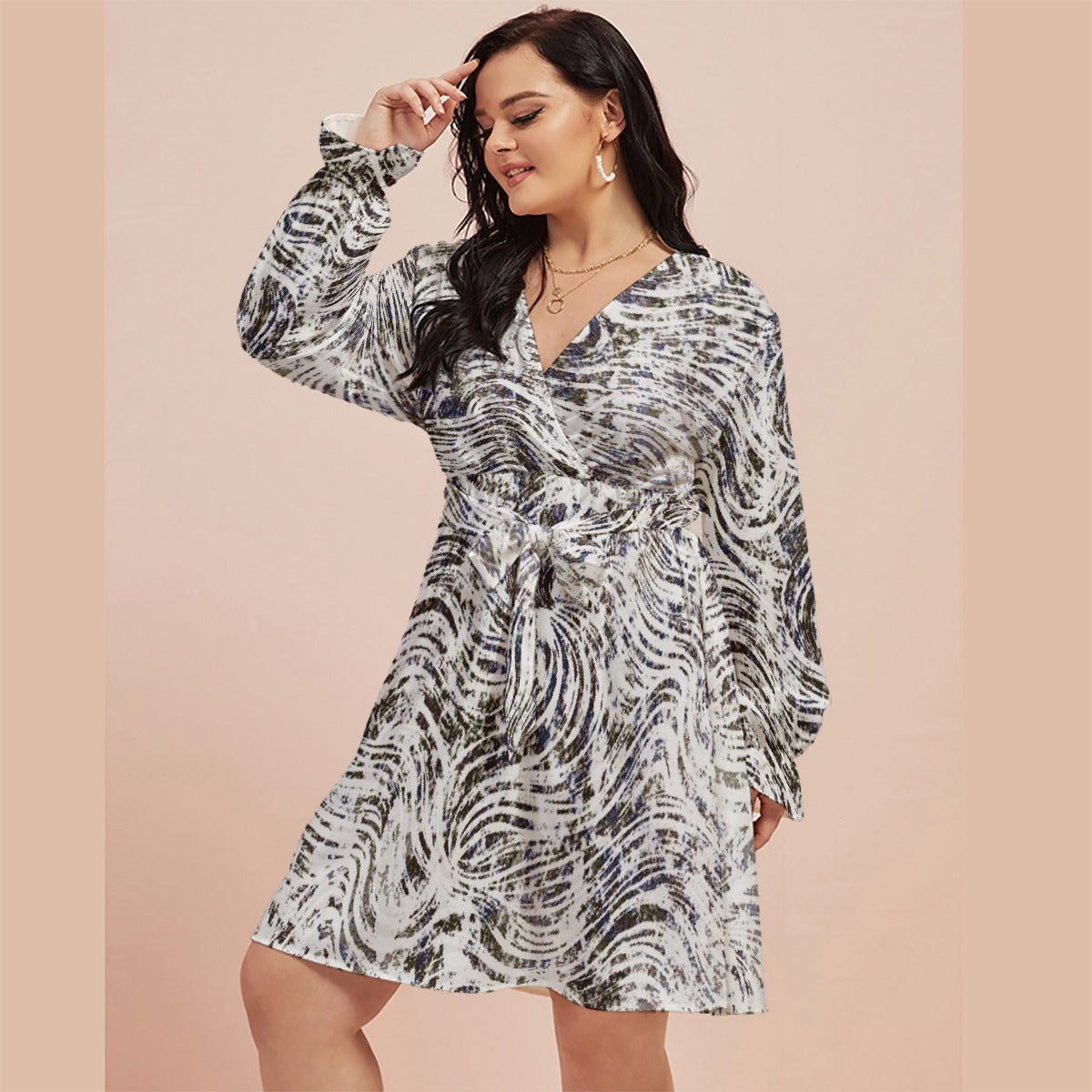 All-Over Print Women's V-neck Dress With Waistband(Plus Size)