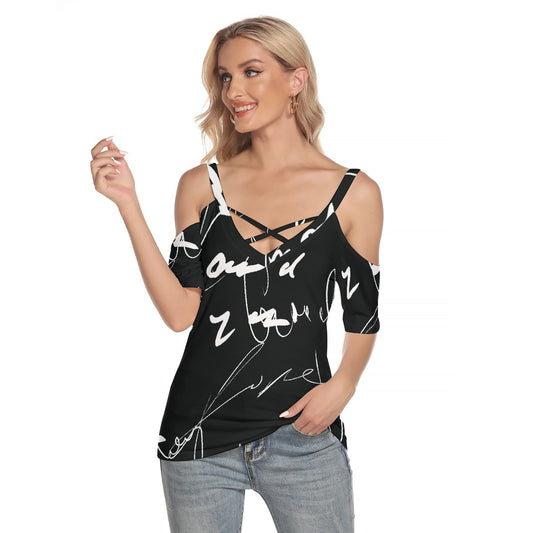 All-Over Print Women's Cold Shoulder T-shirt With Criss Cross Strips