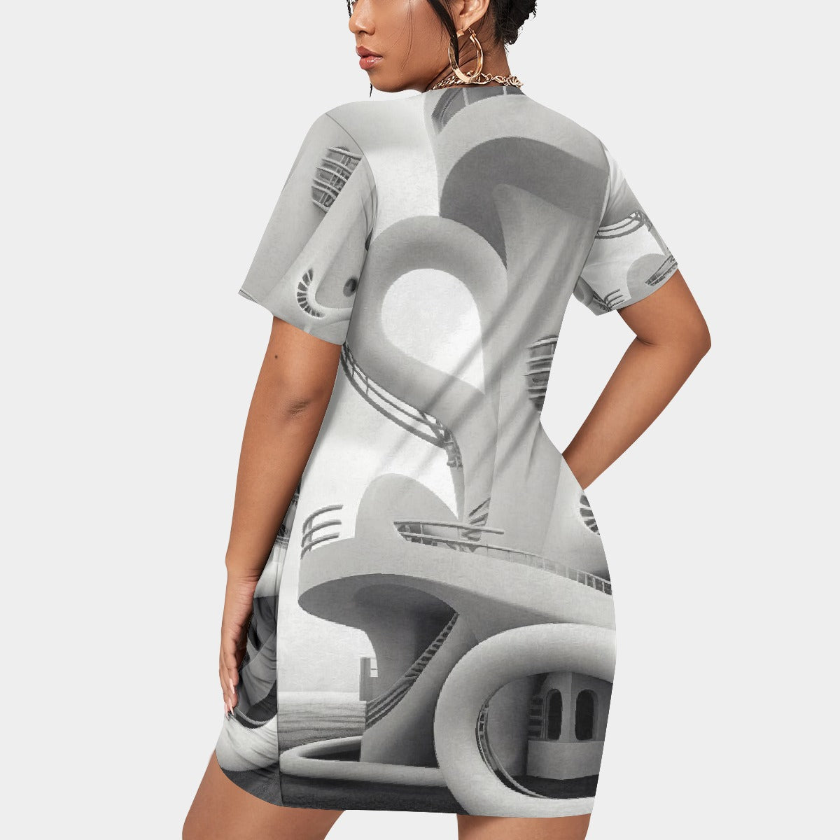 All-Over Print Women’s Stacked Hem Dress With Short Sleeve（Plus Size）