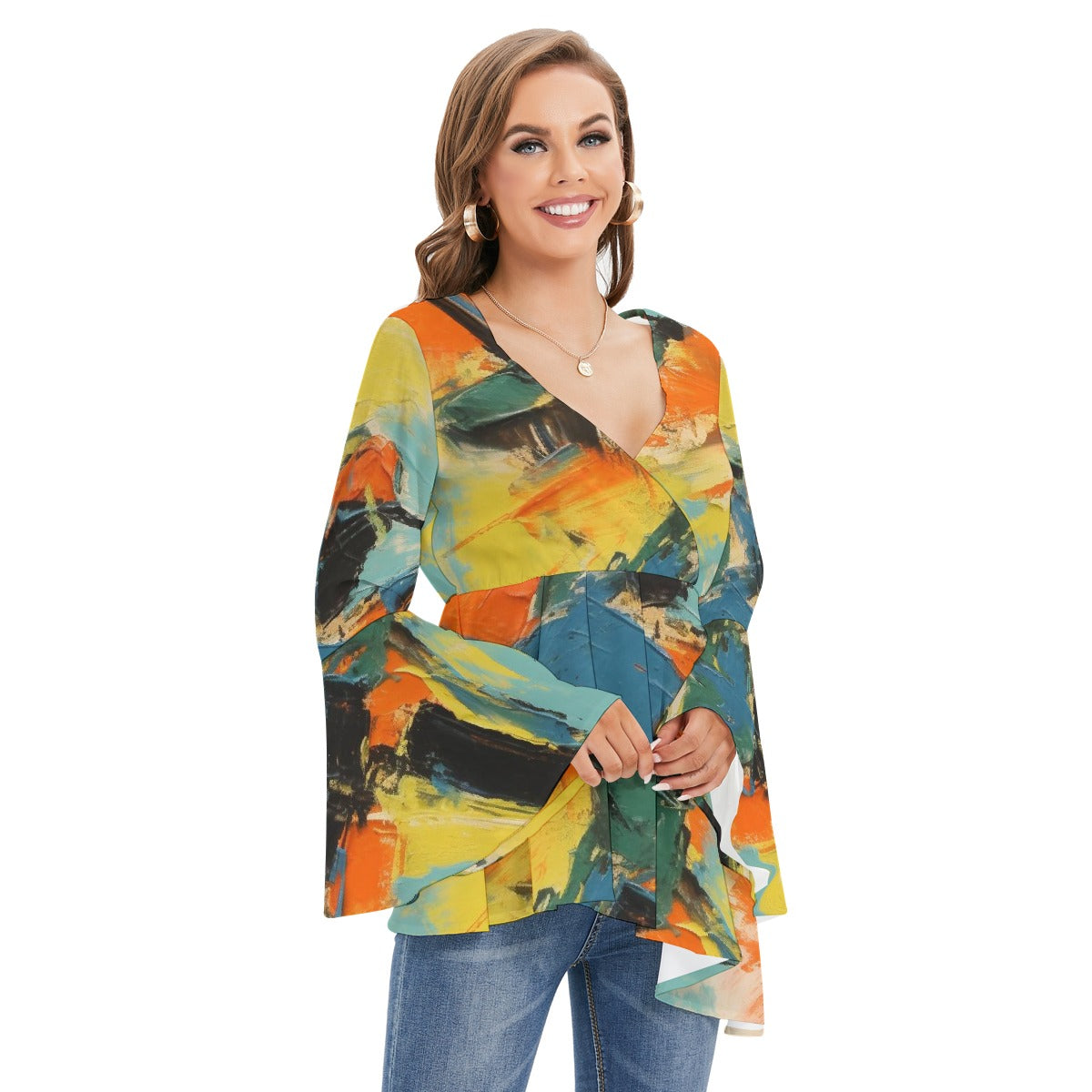 All-Over Print Women's V-neck Blouse With Flared Sleeves