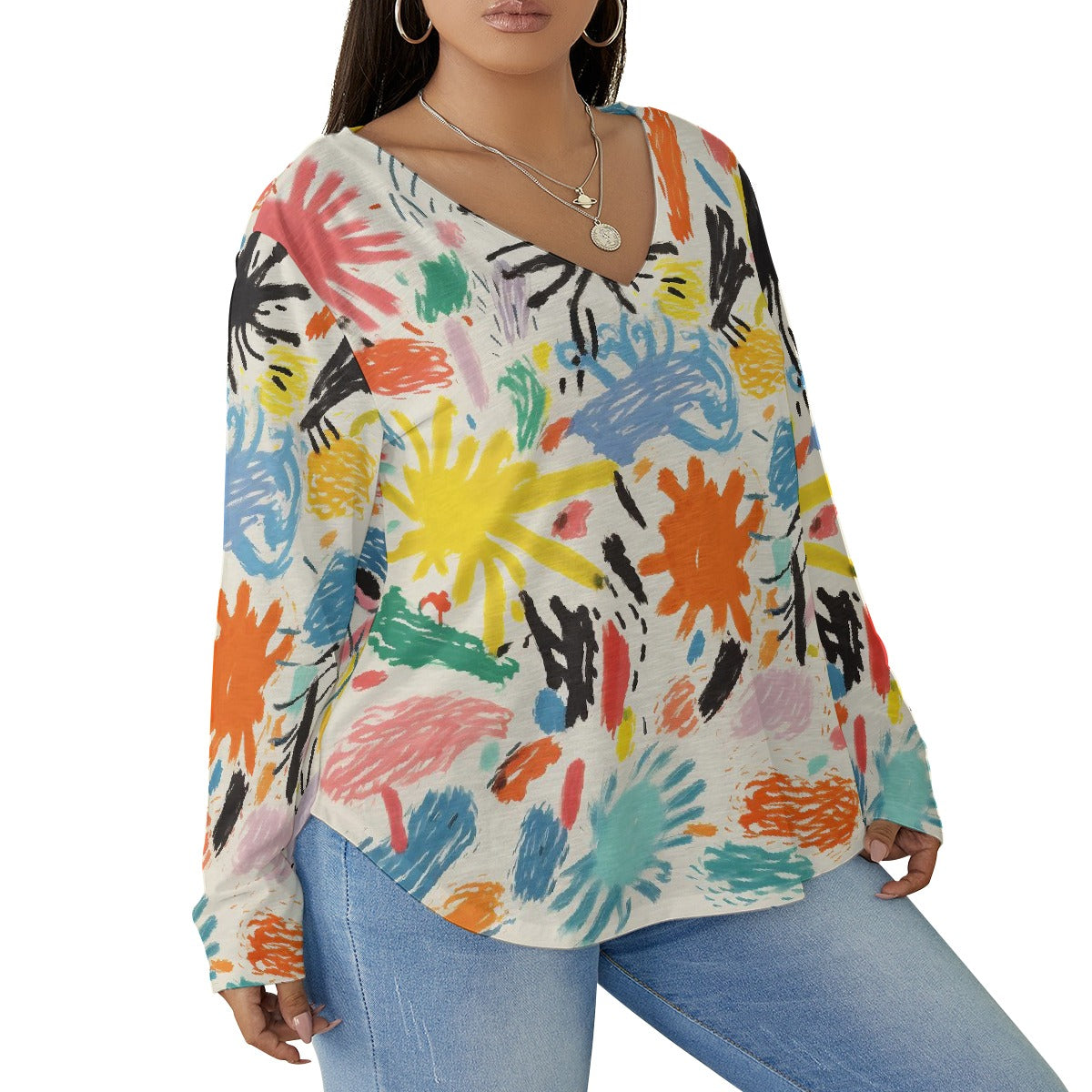 All-Over Print Women's V-neck T-shirt With Curved Hem(Plus Size)