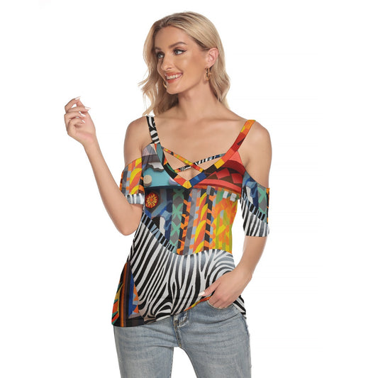 All-Over Print Women's Cold Shoulder T-shirt With Criss Cross Strips