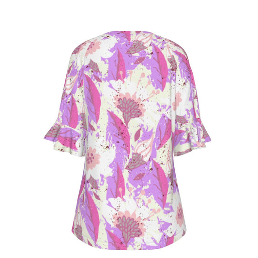 All-Over Print V-neck Women's T-shirt With Bell Sleeve