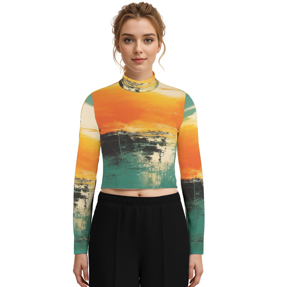 Eco-Friendly All-Over Print Women's Turtleneck T-shirt With Long Sleeve