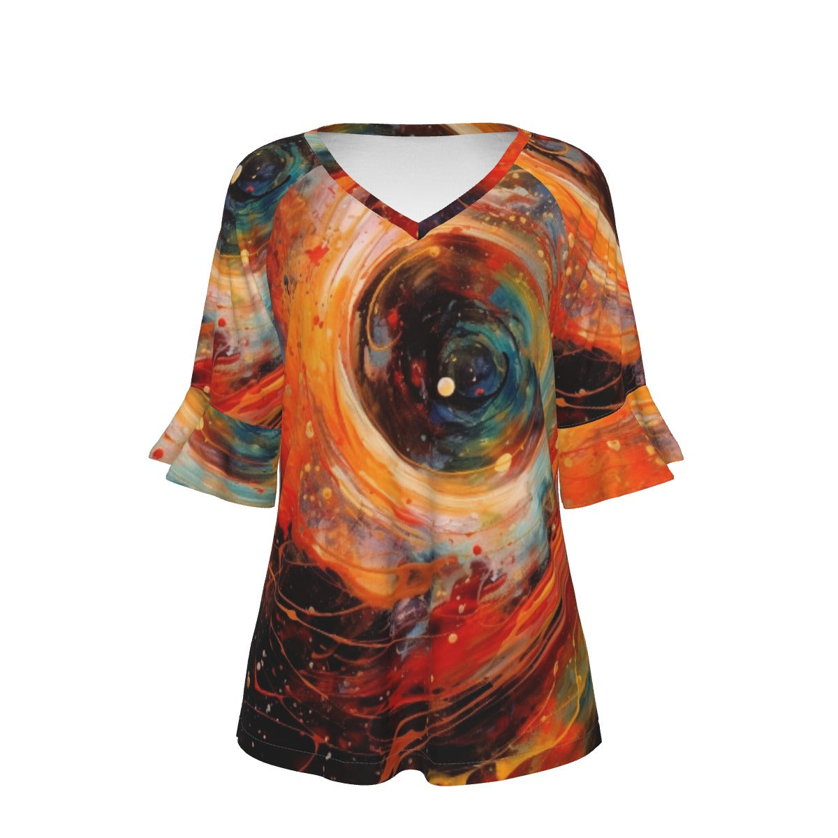 All-Over Print V-neck Women's T-shirt With Bell Sleeve