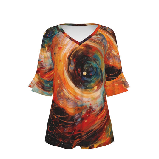 All-Over Print V-neck Women's T-shirt With Bell Sleeve