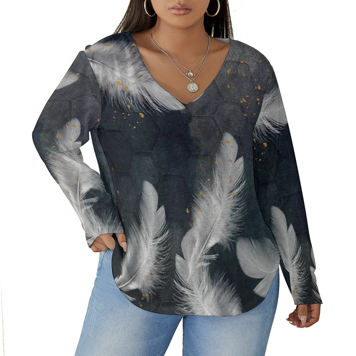 All-Over Print Women's V-neck T-shirt With Curved Hem(Plus Size)