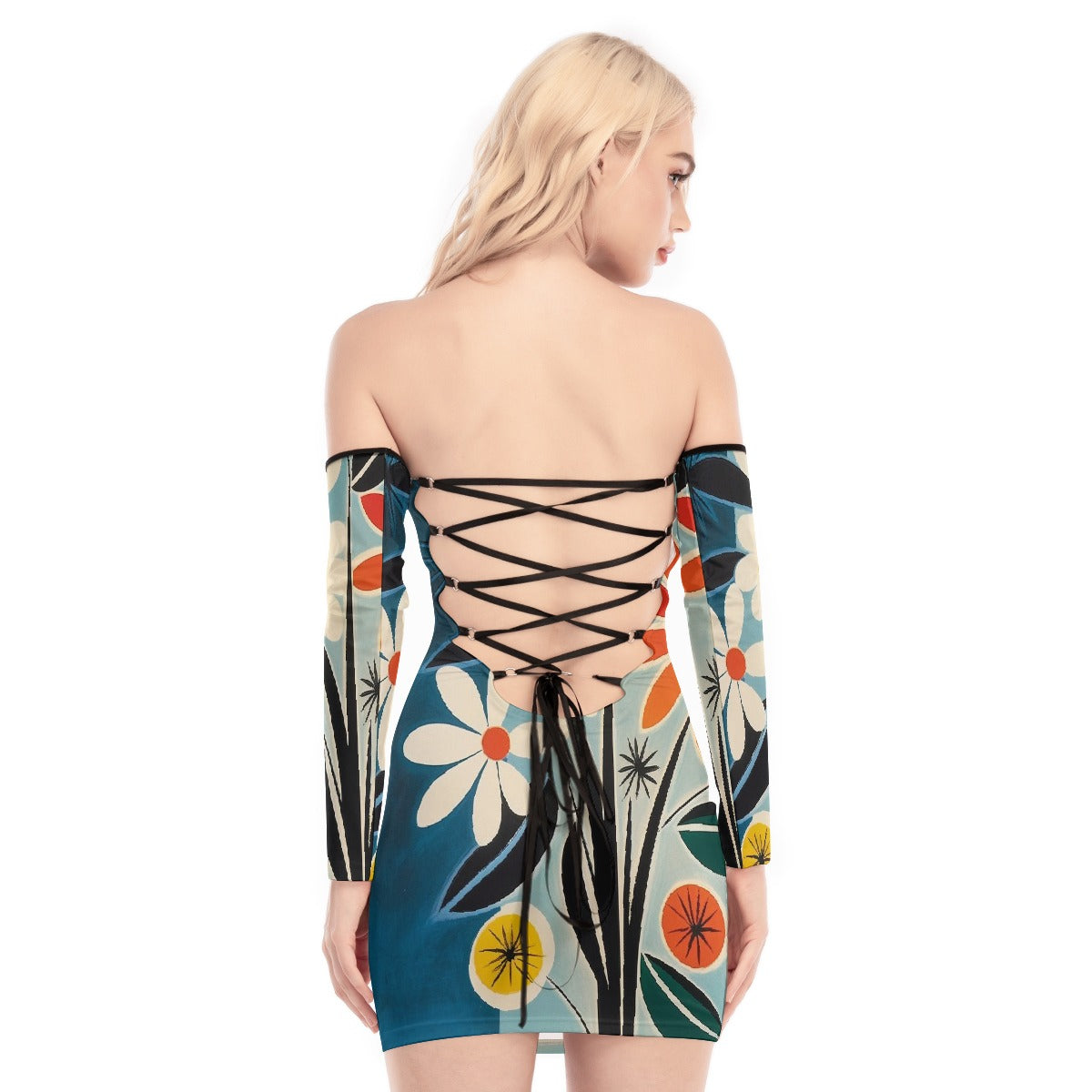 All-Over Print Women's Off-shoulder Back Lace-up Dress