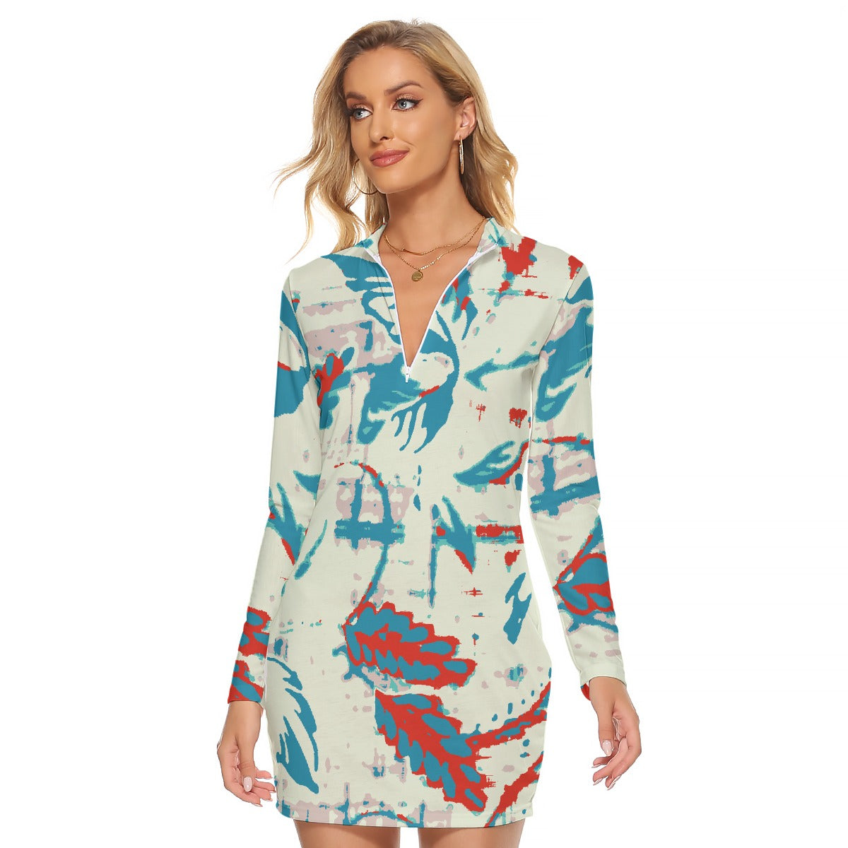 All-Over Print Women's Zip Front Tight Dress