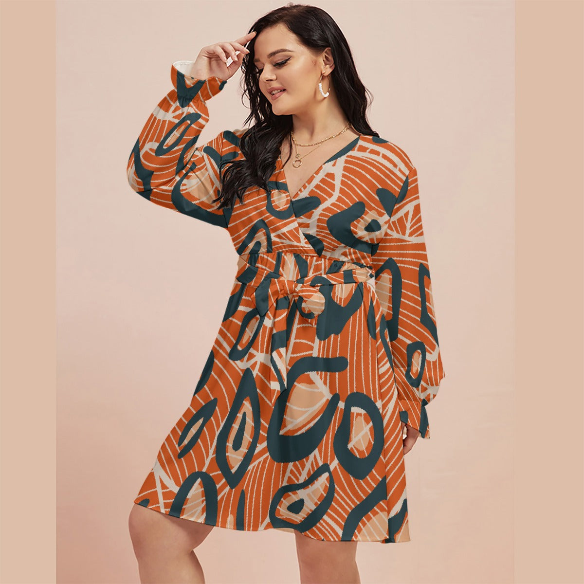 All-Over Print Women's V-neck Dress With Waistband(Plus Size)