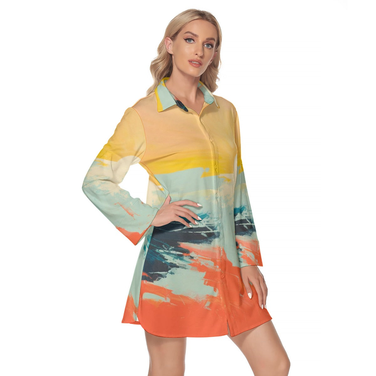 All-Over Print Women's Lapel Shirt Dress With Long Sleeve