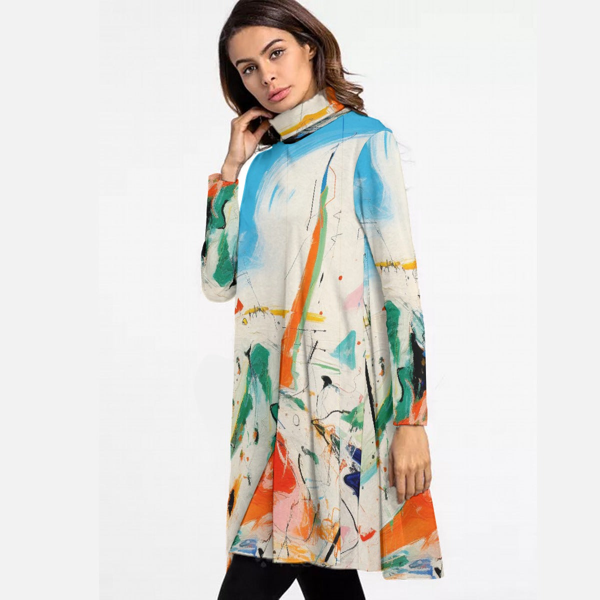 All-Over Print Women's High Neck Dress With Long Sleeve