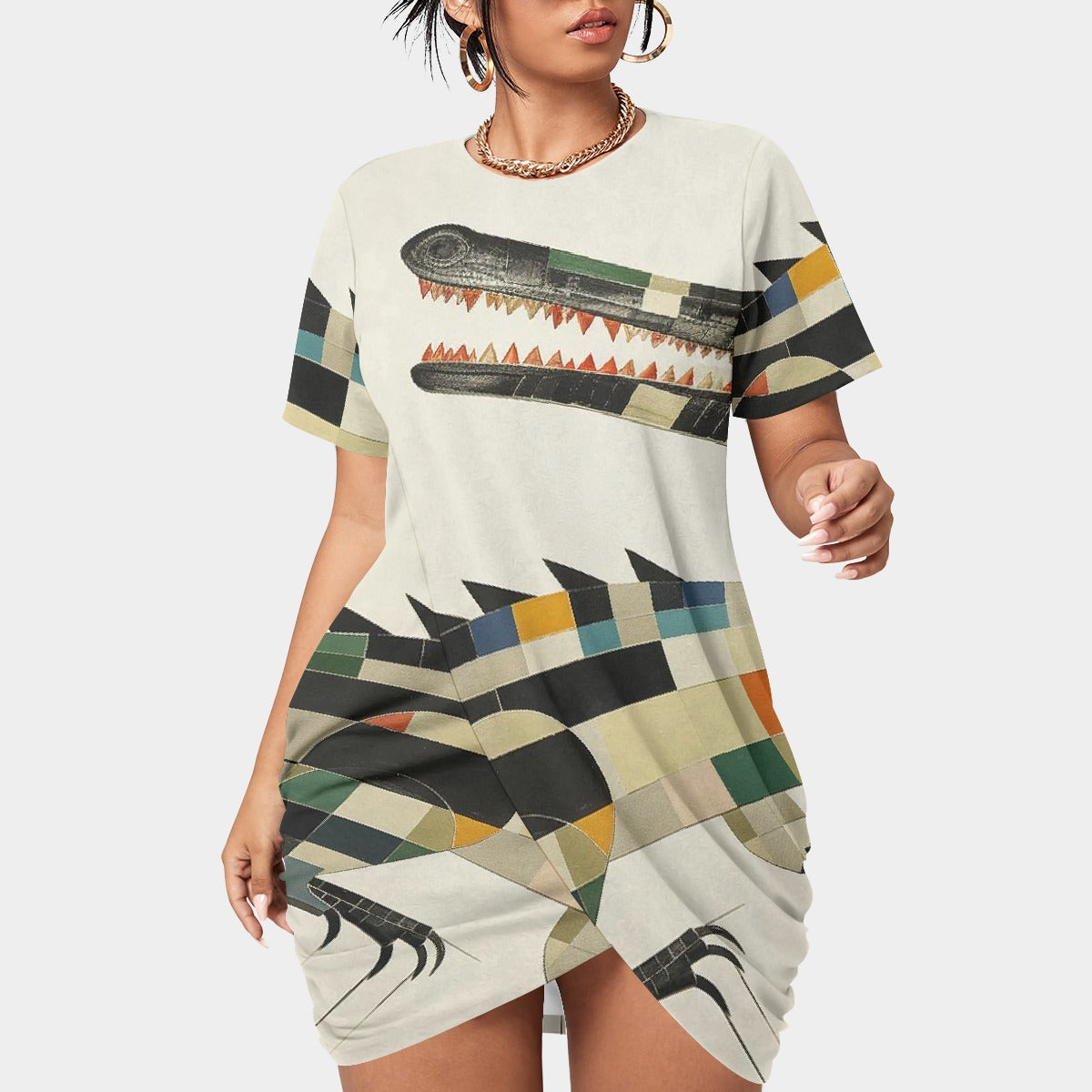 All-Over Print Women’s Stacked Hem Dress With Short Sleeve（Plus Size）