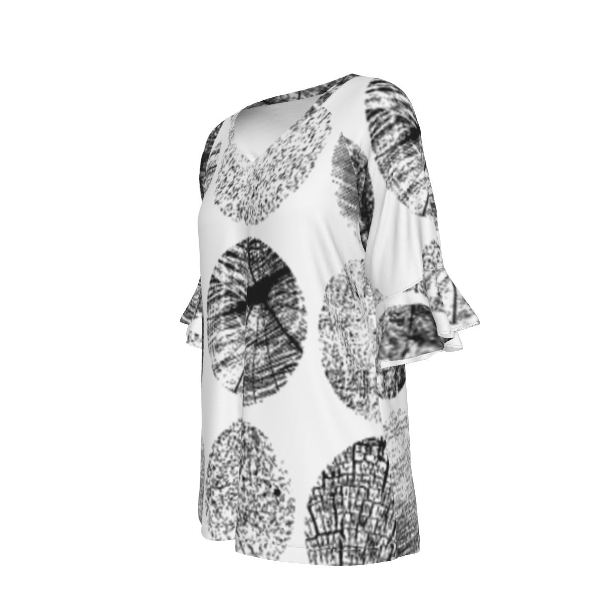 All-Over Print V-neck Women's T-shirt With Bell Sleeve