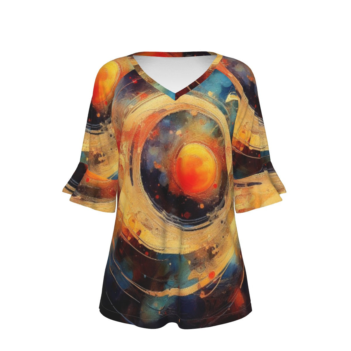 All-Over Print V-neck Women's T-shirt With Bell Sleeve