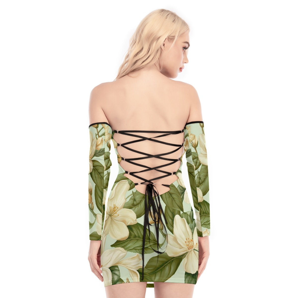 All-Over Print Women's Off-shoulder Back Lace-up Dress