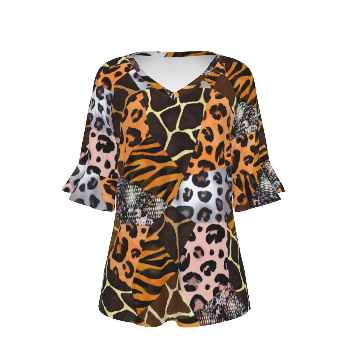 All-Over Print V-neck Women's T-shirt With Bell Sleeve