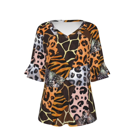 All-Over Print V-neck Women's T-shirt With Bell Sleeve