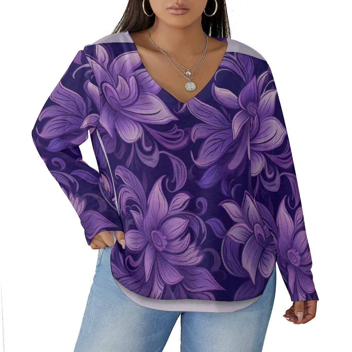 All-Over Print Women's V-neck T-shirt With Curved Hem(Plus Size)