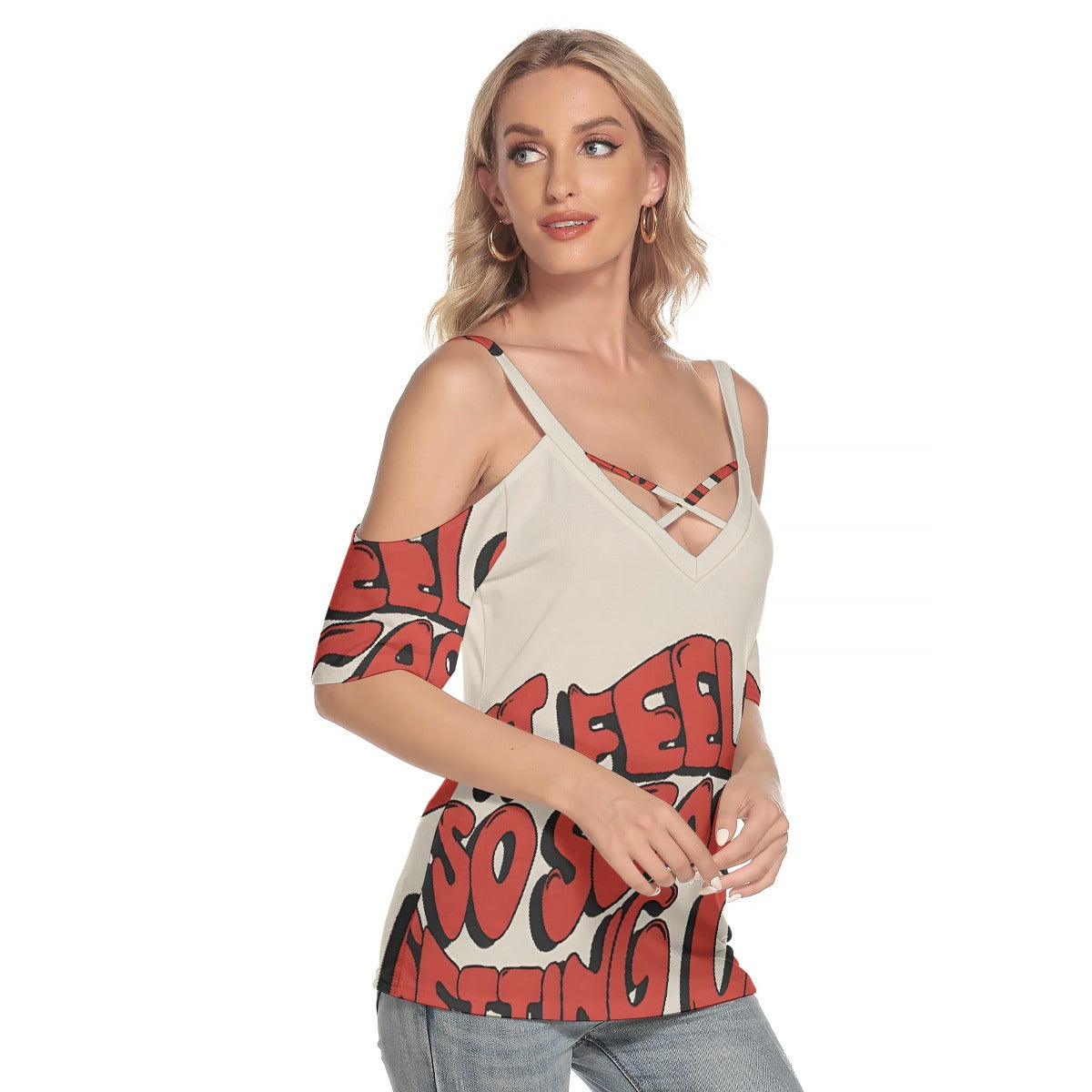 All-Over Print Women's Cold Shoulder T-shirt With Criss Cross Strips