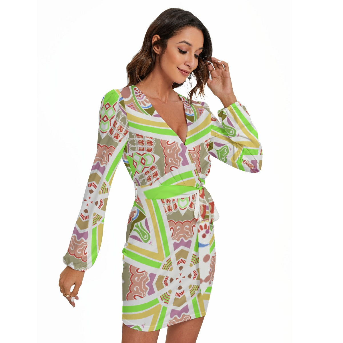 All-Over Print Women's Long Sleeve Dress With Waist Belt