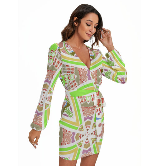 All-Over Print Women's Long Sleeve Dress With Waist Belt