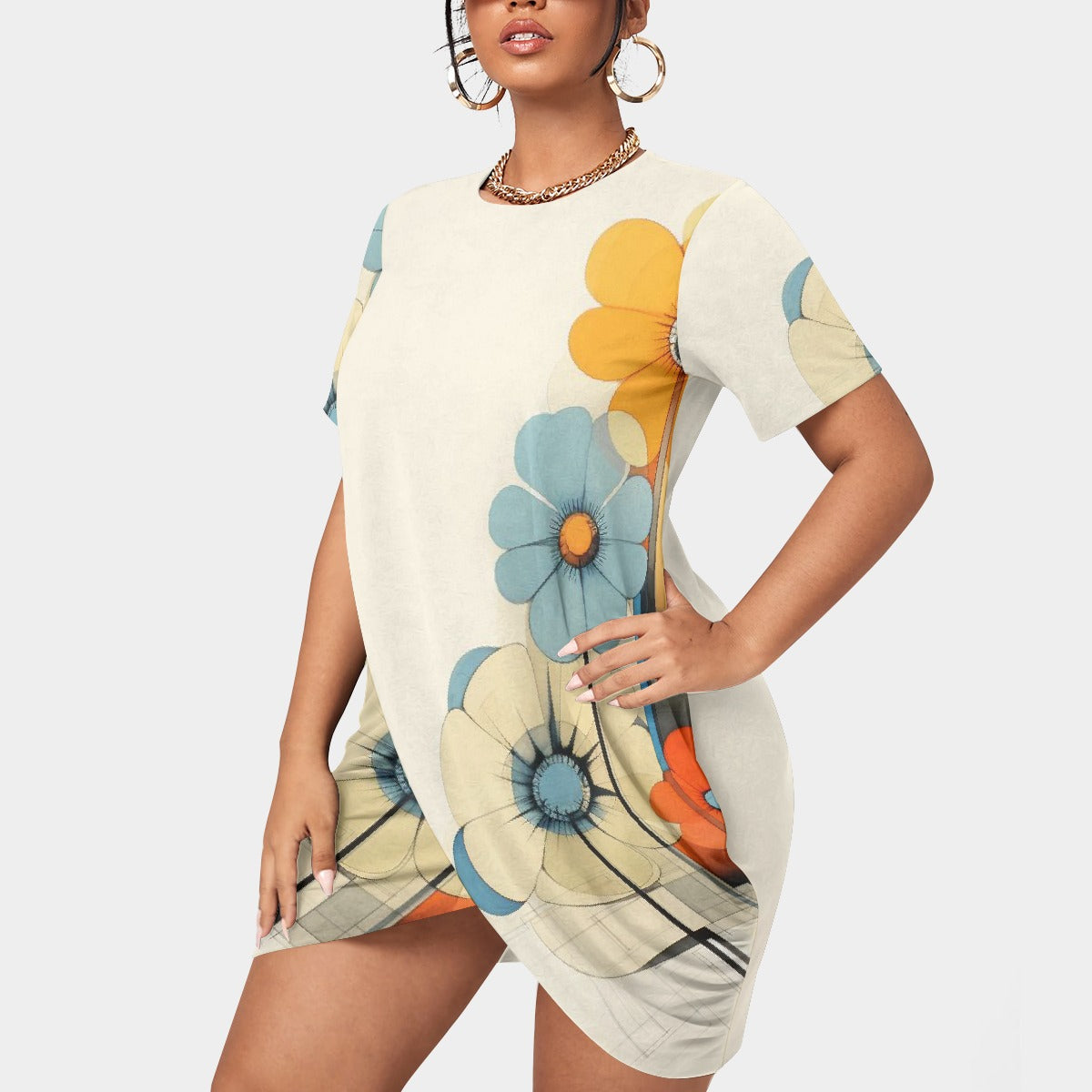 All-Over Print Women’s Stacked Hem Dress With Short Sleeve（Plus Size）