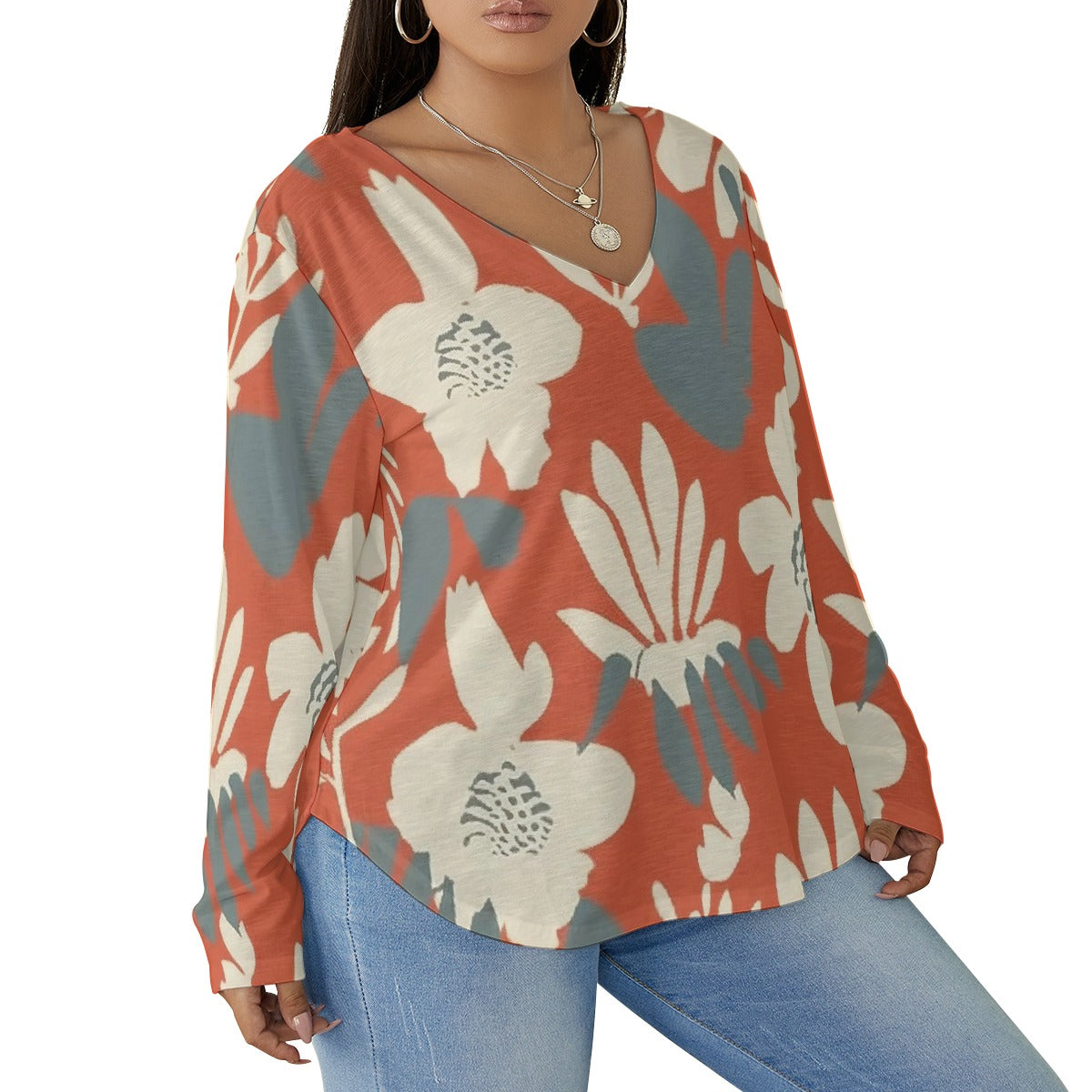 All-Over Print Women's V-neck T-shirt With Curved Hem(Plus Size)