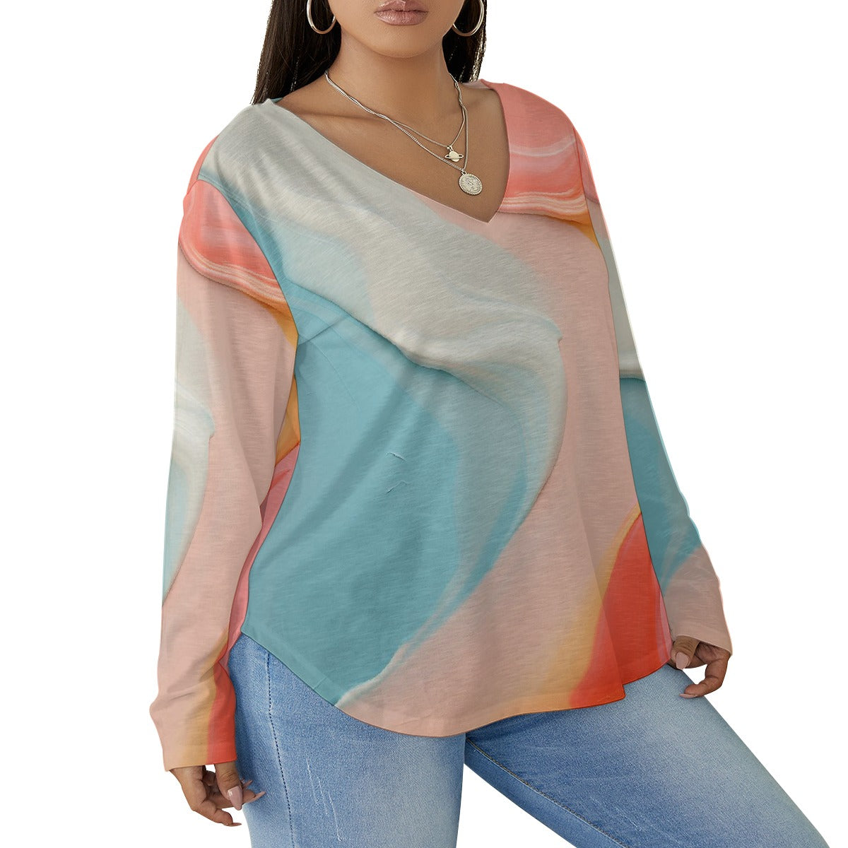 All-Over Print Women's V-neck T-shirt With Curved Hem(Plus Size)