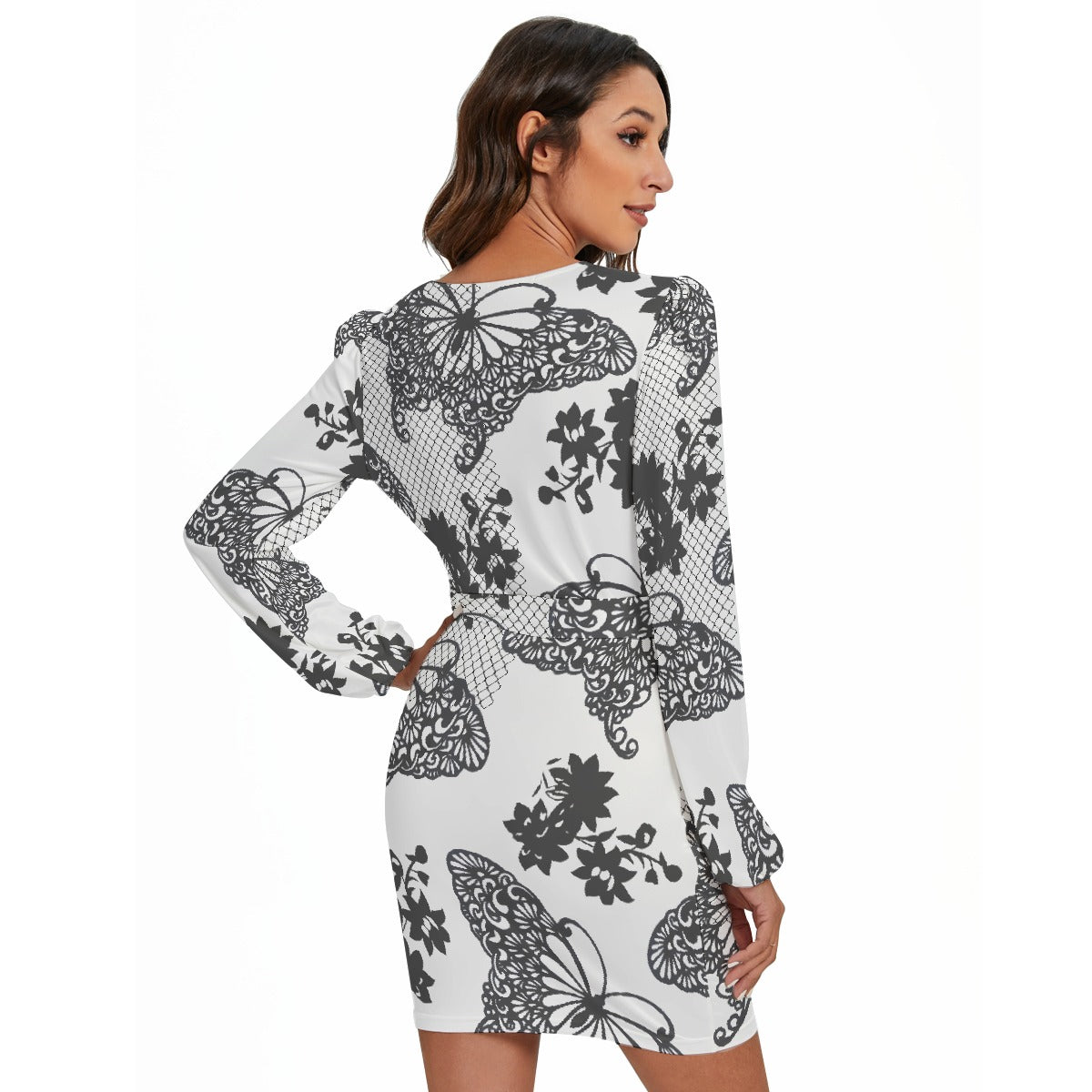 All-Over Print Women's Long Sleeve Dress With Waist Belt