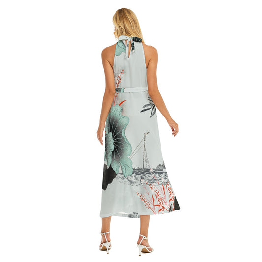 All-Over Print Women's Wrap Hem Belted Halter Dress