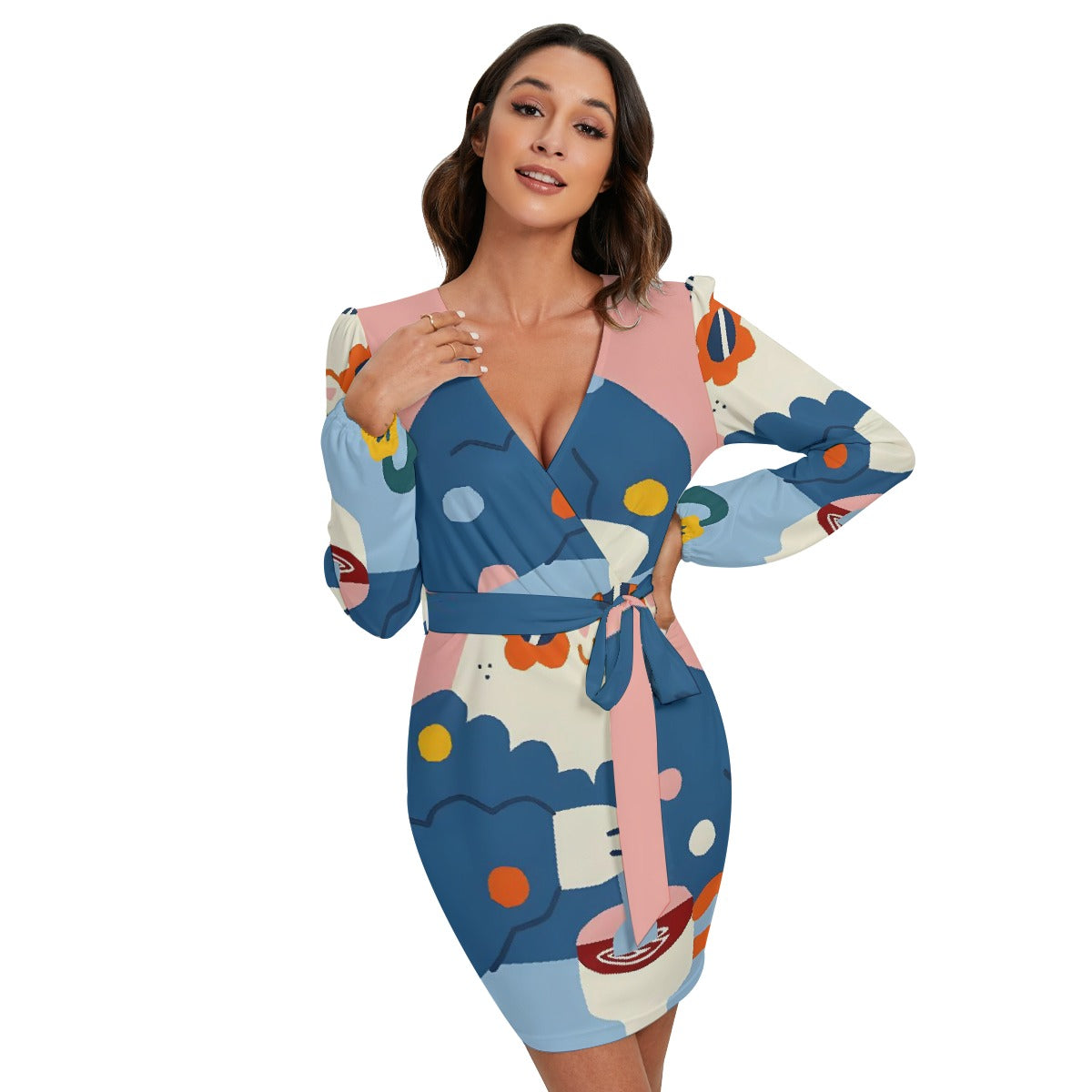 All-Over Print Women's Long Sleeve Dress With Waist Belt