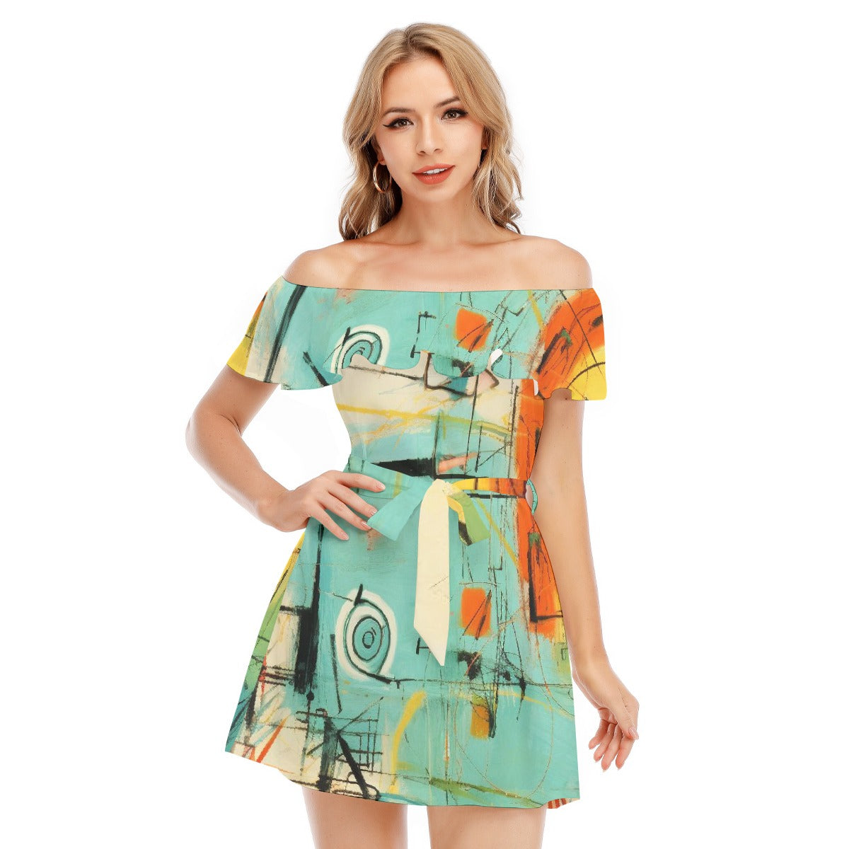 All-Over Print Women's Off-shoulder Dress With Ruffle