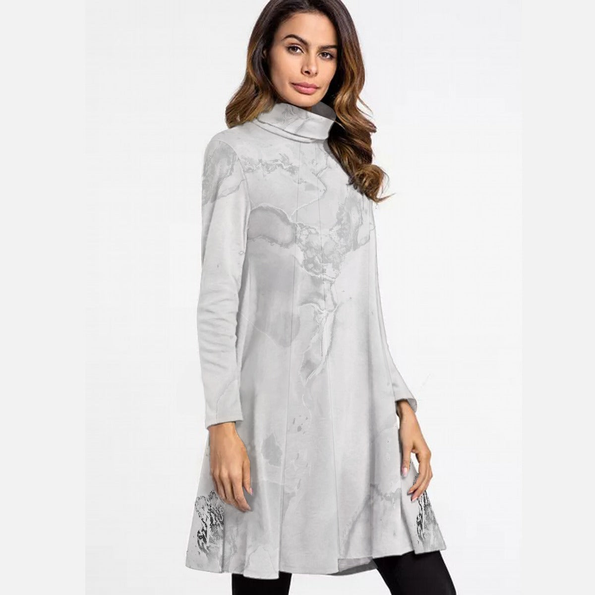 All-Over Print Women's High Neck Dress With Long Sleeve