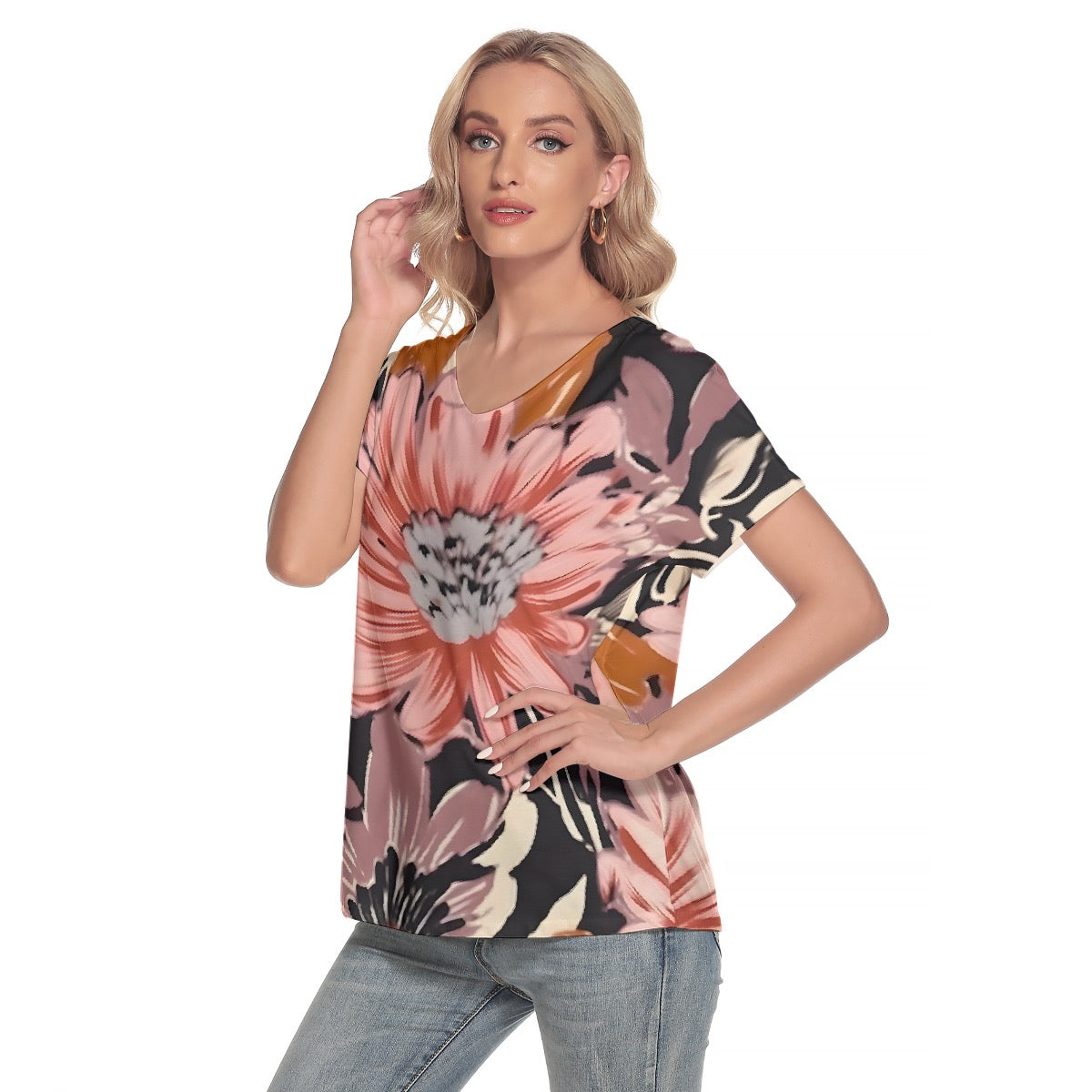 All-Over Print Women's Loose V-neck Short Sleeve T-shirt