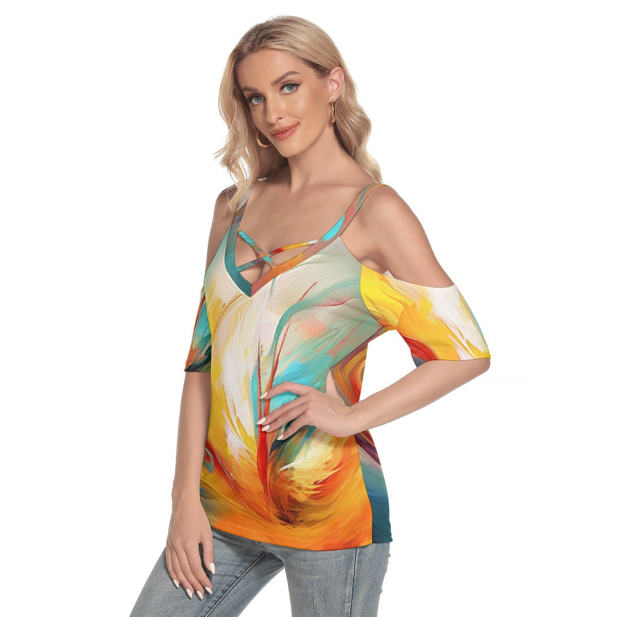 All-Over Print Women's Cold Shoulder T-shirt With Criss Cross Strips