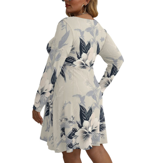 All-Over Print Women's V-neck Long Sleeve Dress(Plus Size)