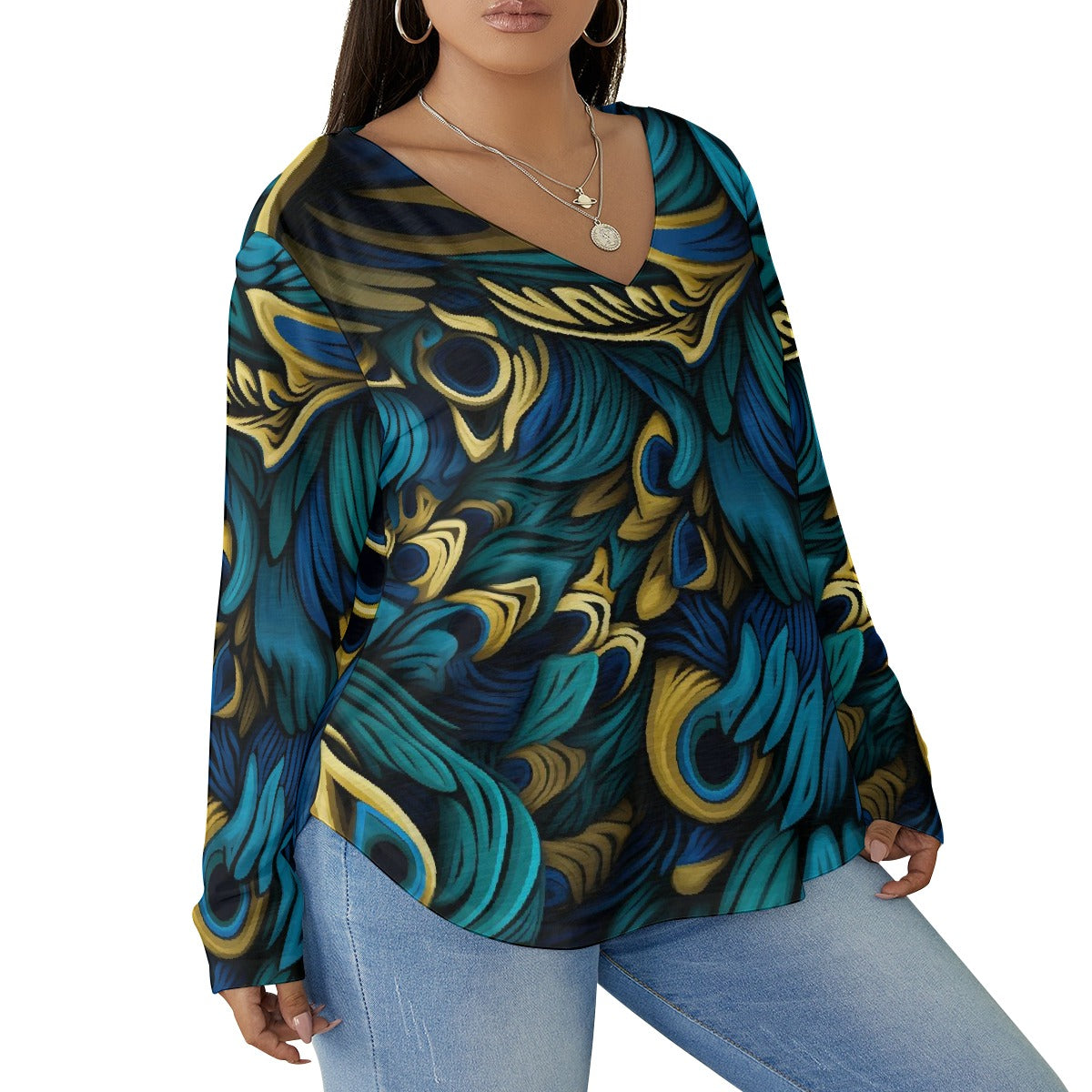 All-Over Print Women's V-neck T-shirt With Curved Hem(Plus Size)