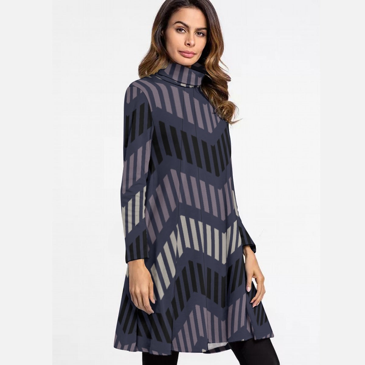 All-Over Print Women's High Neck Dress With Long Sleeve