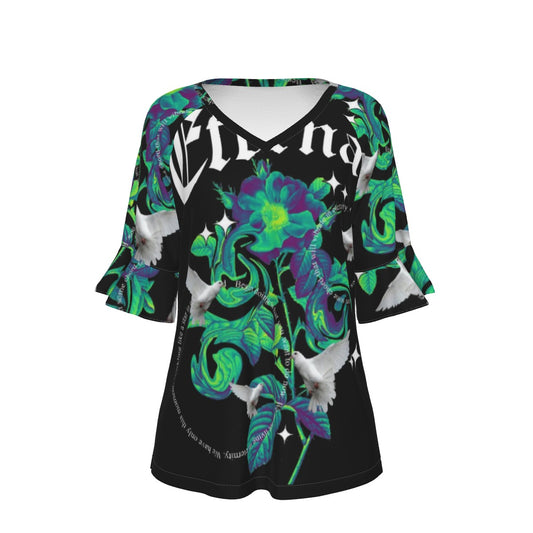 All-Over Print V-neck Women's T-shirt With Bell Sleeve